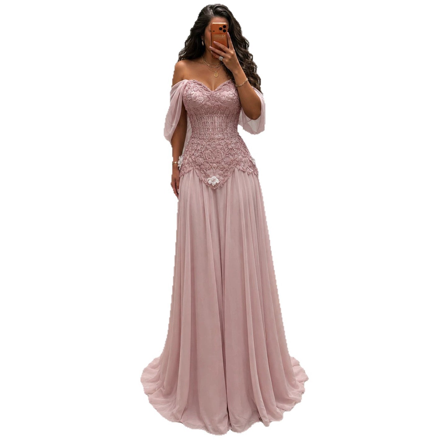 Luxury Pink Beaded Off Shoulder A Line Chiffon Evening Dress LA73451A