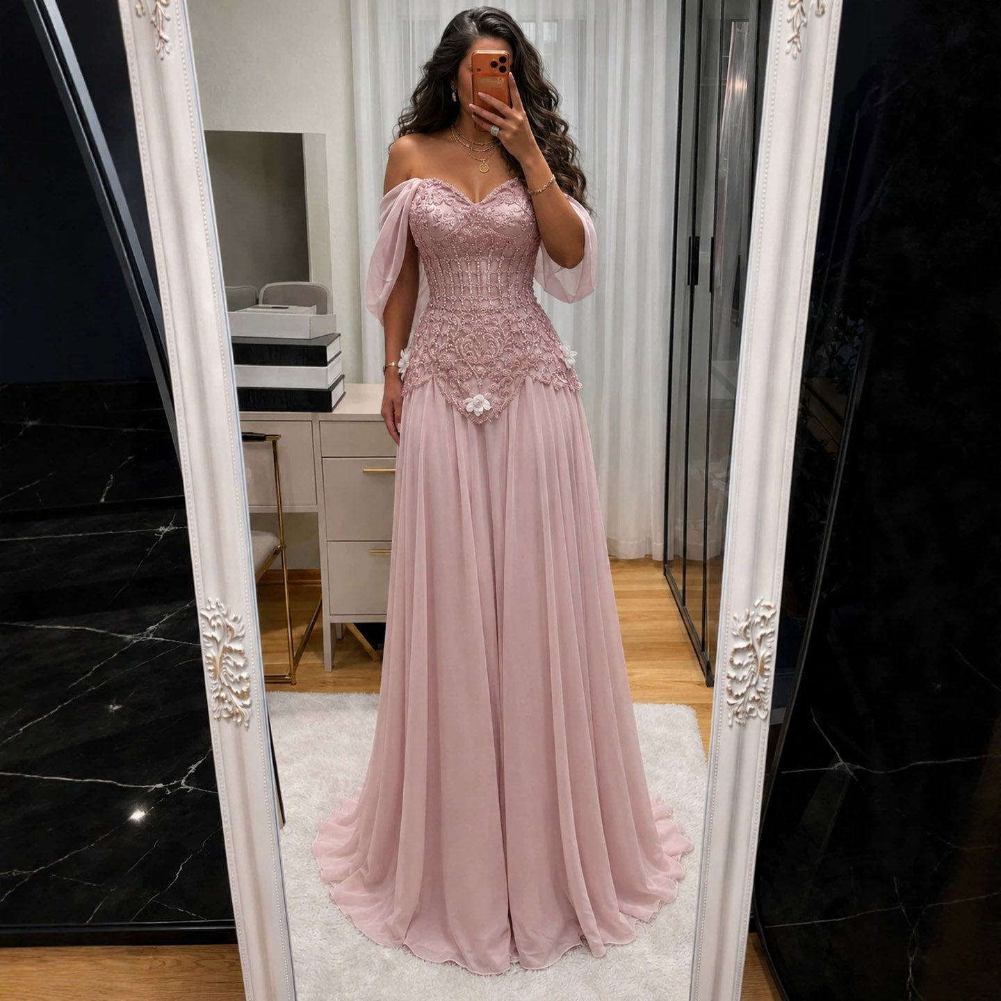 Luxury Pink Beaded Off Shoulder A Line Chiffon Evening Dress LA73451A