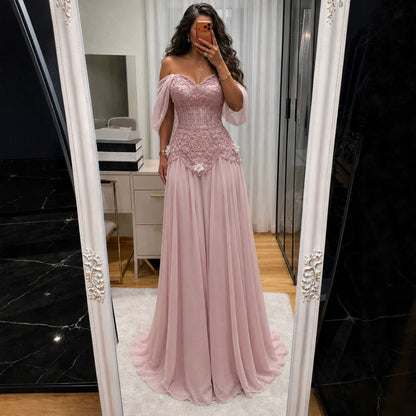 Luxury Pink Beaded Off Shoulder A Line Chiffon Evening Dress LA73451A