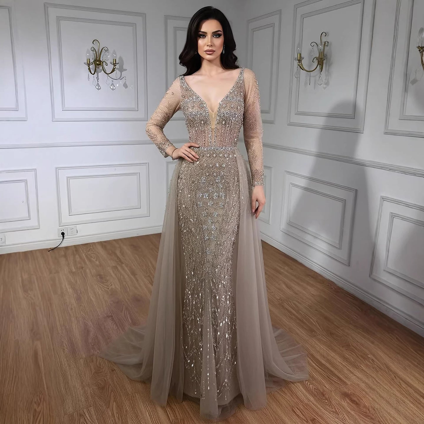 Wasisi Modest Caramel Long Evening Dress With Skirt LA73452