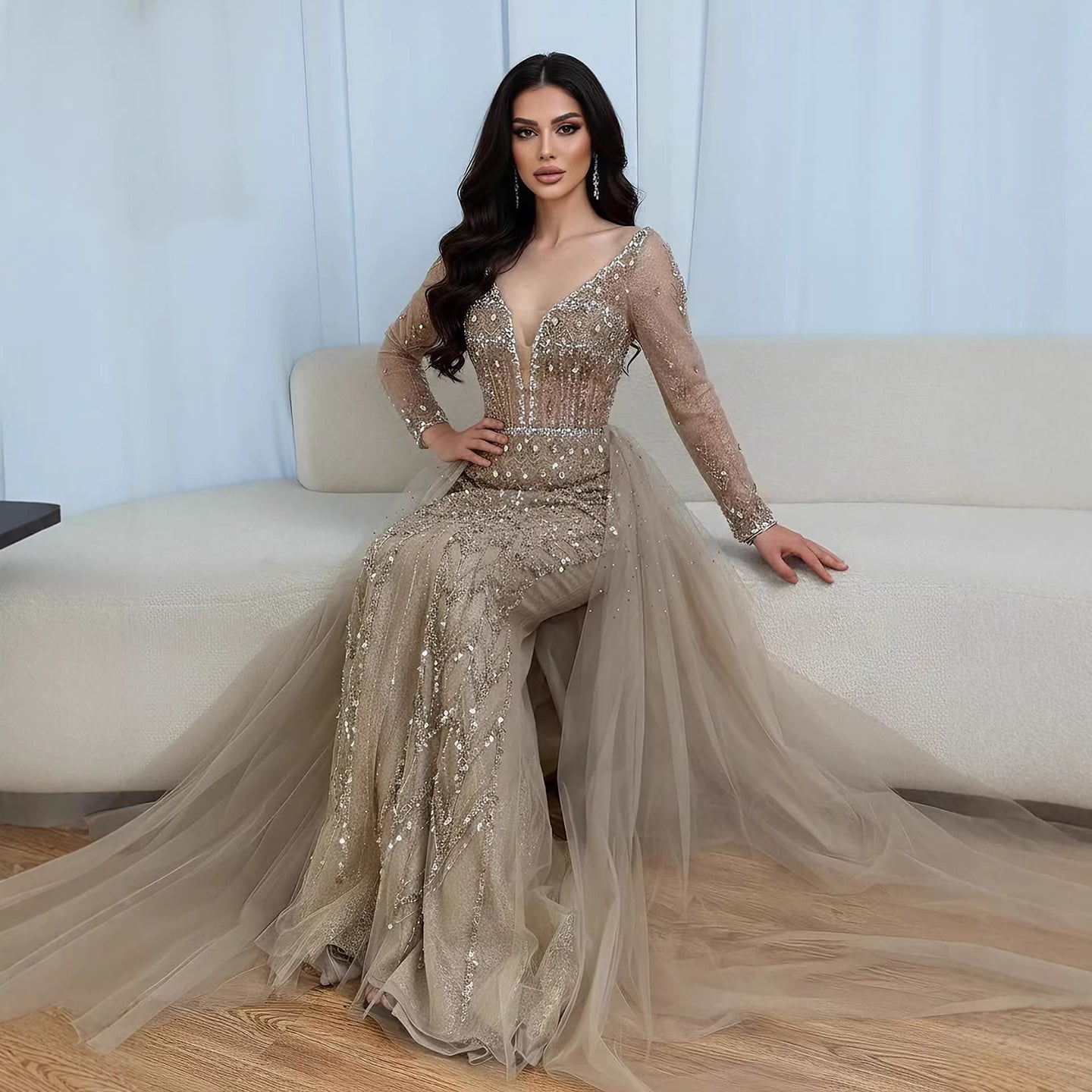 Wasisi Modest Caramel Long Evening Dress With Skirt LA73452