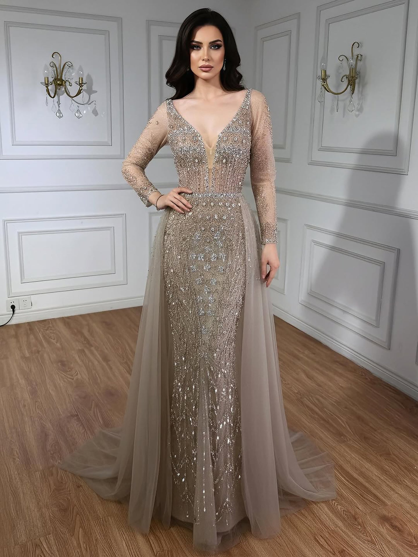 Wasisi Modest Caramel Long Evening Dress With Skirt LA73452