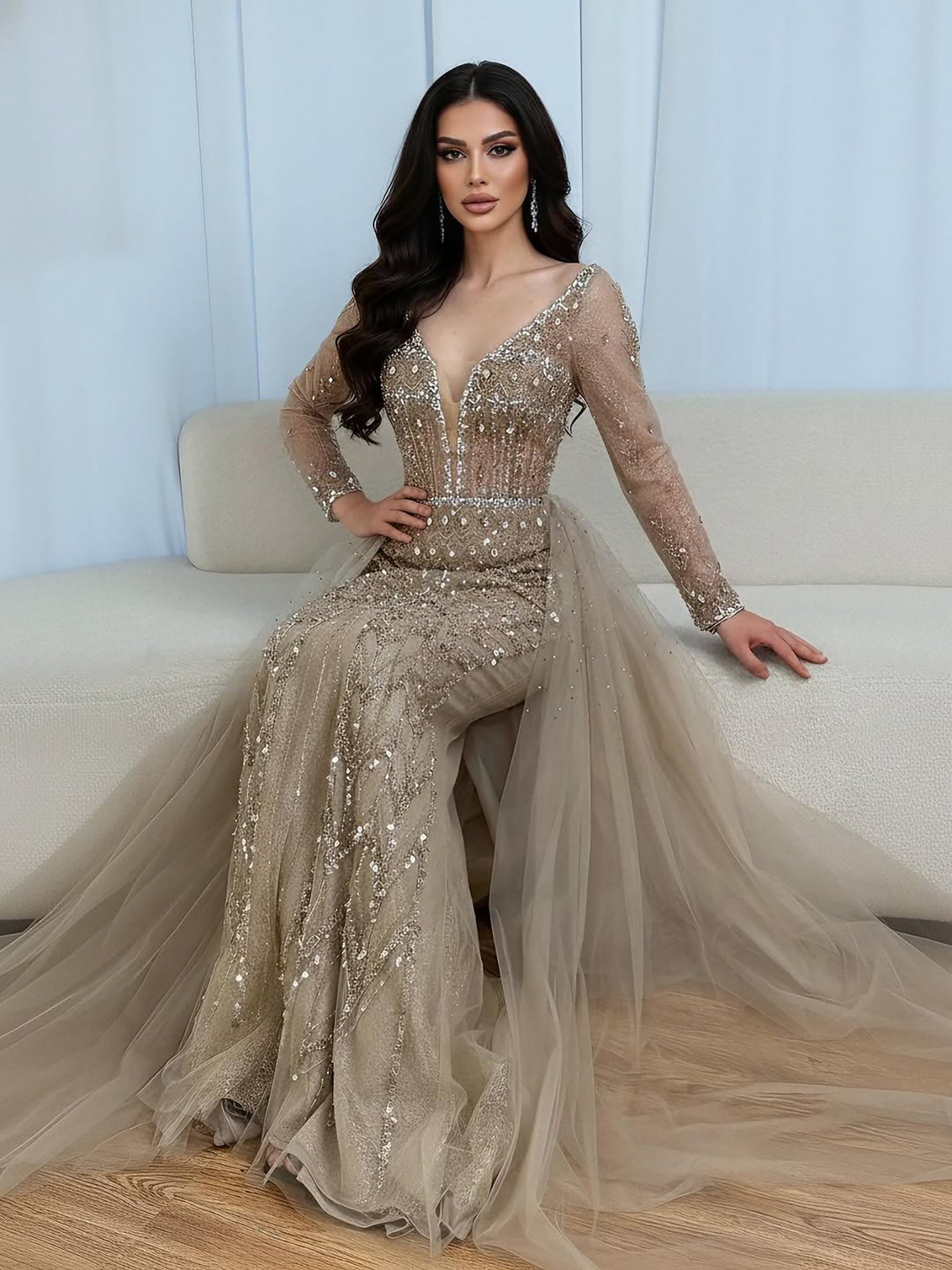 Wasisi Modest Caramel Long Evening Dress With Skirt LA73452