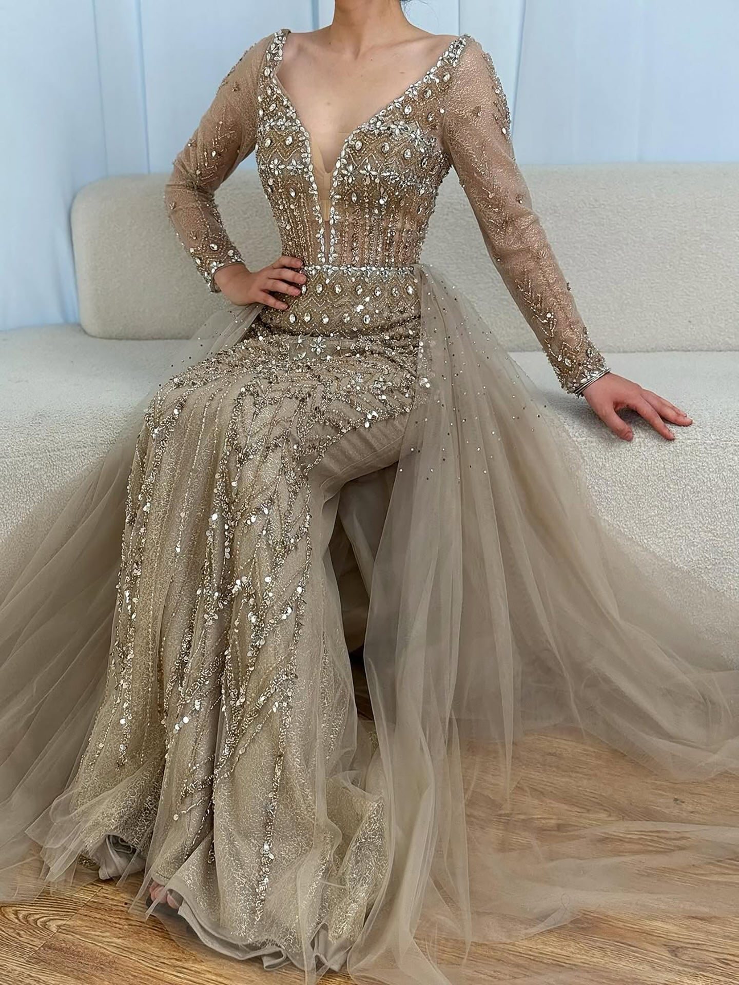 Wasisi Modest Caramel Long Evening Dress With Skirt LA73452