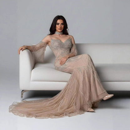 Luxury Nude Diamond Evening Dress With Sheer Sleeves LA73457