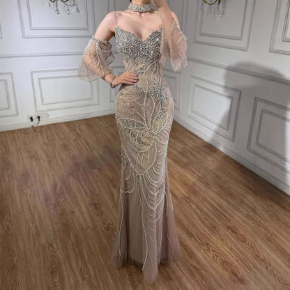 Luxury Nude Diamond Evening Dress With Sheer Sleeves LA73457