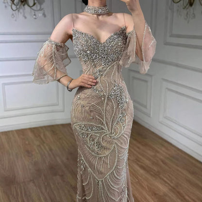 Luxury Nude Diamond Evening Dress With Sheer Sleeves LA73457