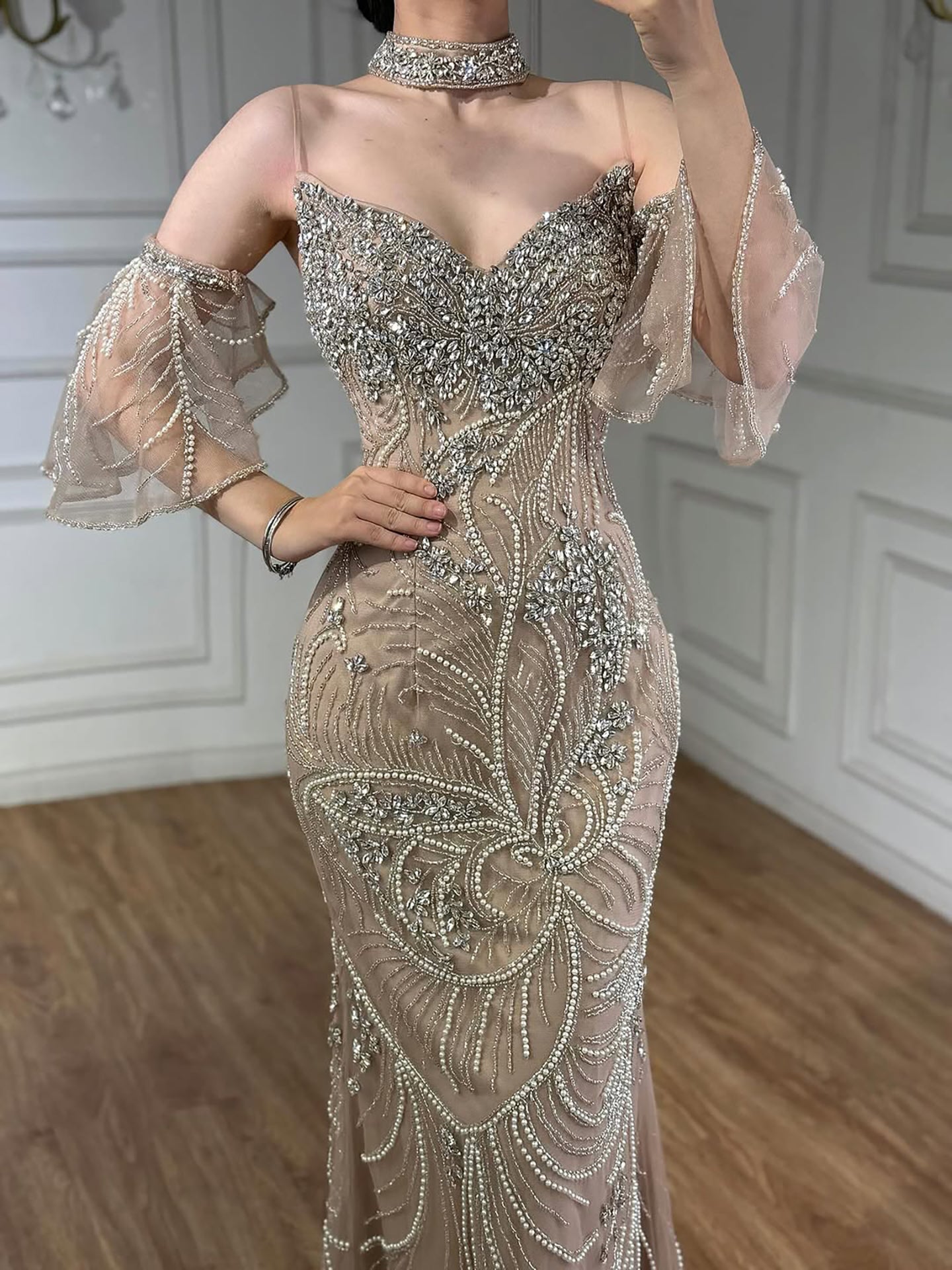 Luxury Nude Diamond Evening Dress With Sheer Sleeves LA73457