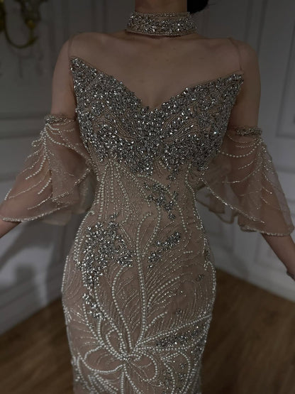 Luxury Nude Diamond Evening Dress With Sheer Sleeves LA73457