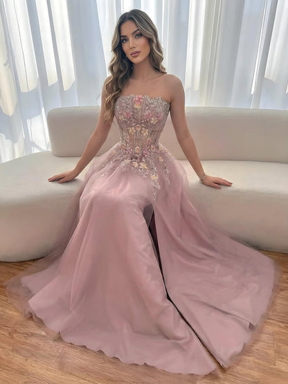Luxury Saudi Arabic Pink Appliques Beaded Mermaid Prom Dress LA73458