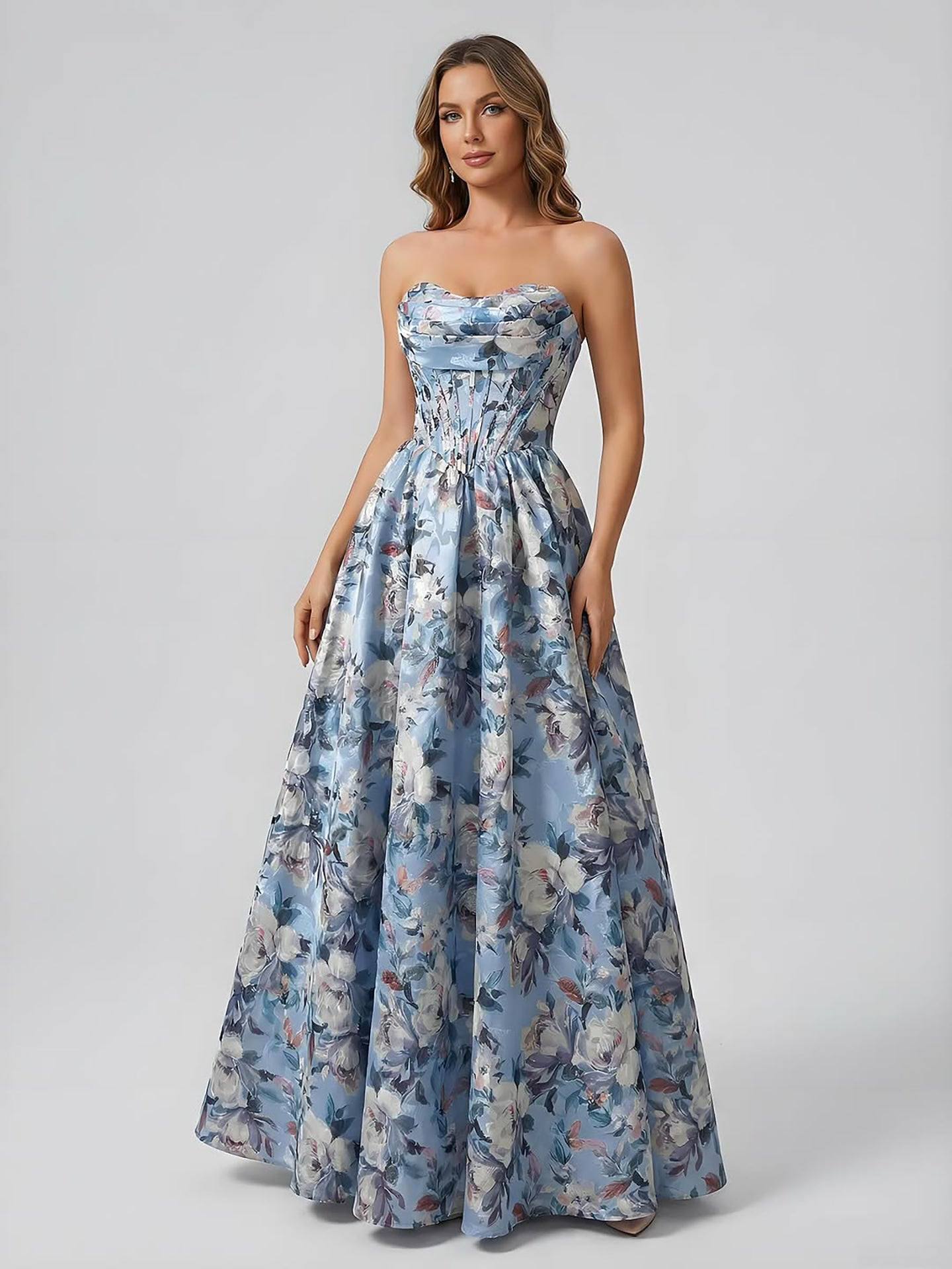 Luxury Blue Floral Strapless Corset A-Line Prom Dress LA73459