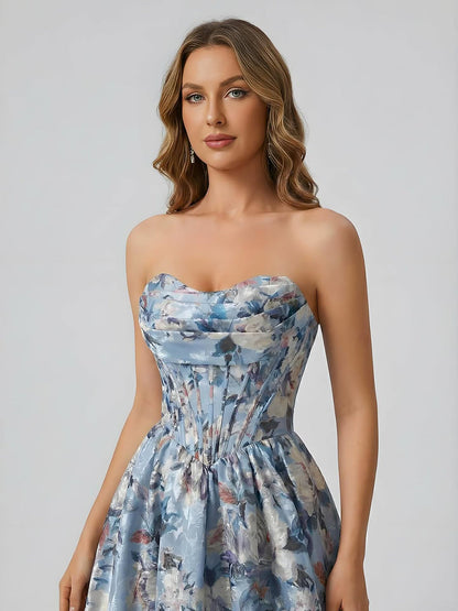 Luxury Blue Floral Strapless Corset A-Line Prom Dress LA73459