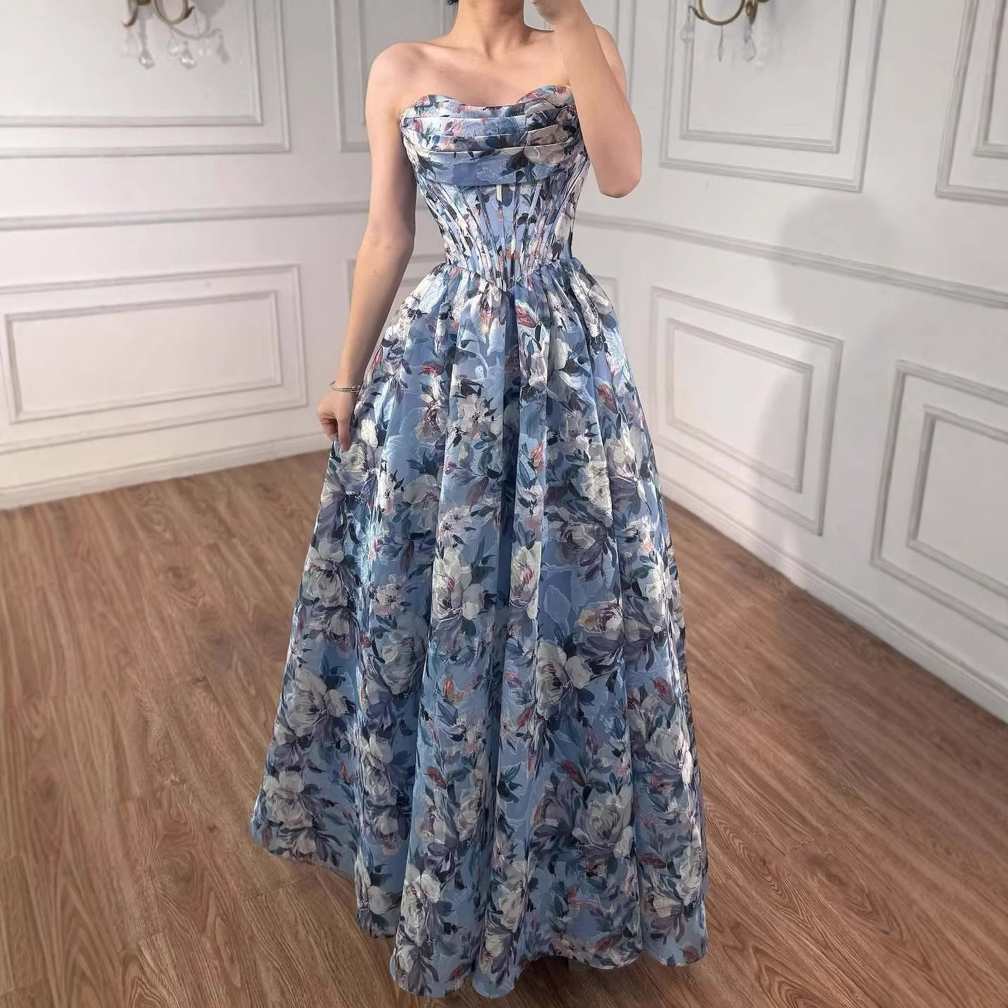 Luxury Blue Floral Strapless Corset A-Line Prom Dress LA73459