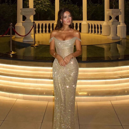 Luxury Diamond Gold Beaded Mermaid Evening Dress LA73461