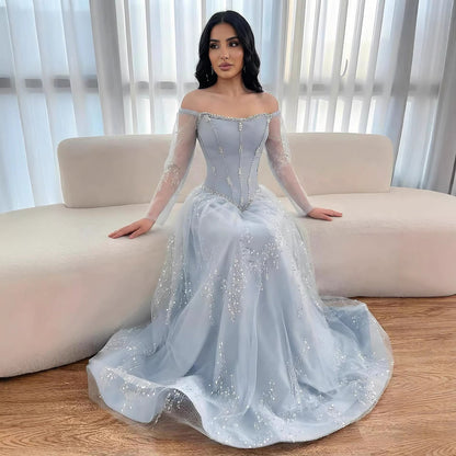 Luxury Arabic Blue Off Shoulder Beaded A-Line Evening Dress with Sleeves LA73464