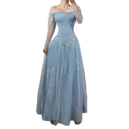 Luxury Arabic Blue Off Shoulder Beaded A-Line Evening Dress with Sleeves LA73464