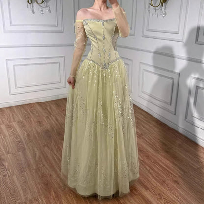 Luxury Arabic Blue Off Shoulder Beaded A-Line Evening Dress with Sleeves LA73464