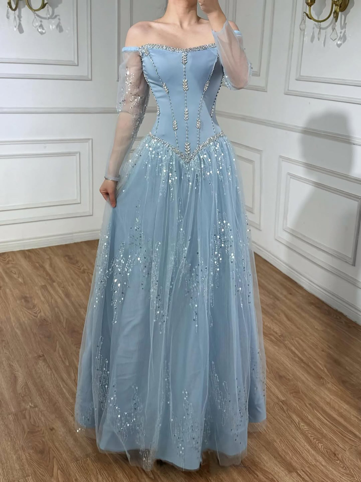 Luxury Arabic Blue Off Shoulder Beaded A-Line Evening Dress with Sleeves LA73464