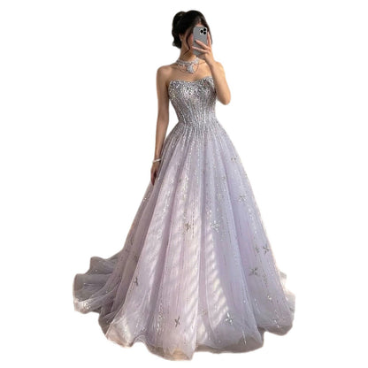 Luxury Lilac Beaded Off Shoulder A Line Evening Dress LA73465