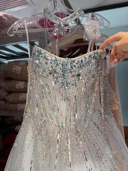 Luxury Lilac Beaded Off Shoulder A Line Evening Dress LA73465