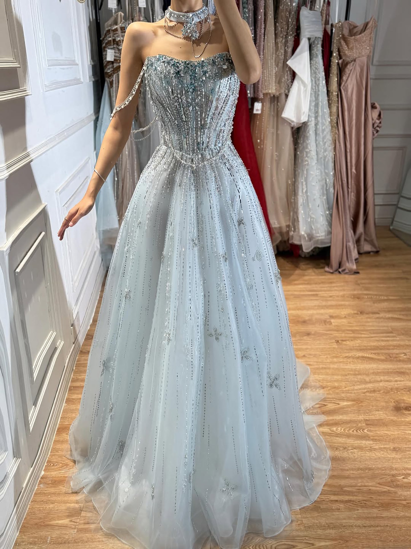 Luxury Lilac Beaded Off Shoulder A Line Evening Dress LA73465
