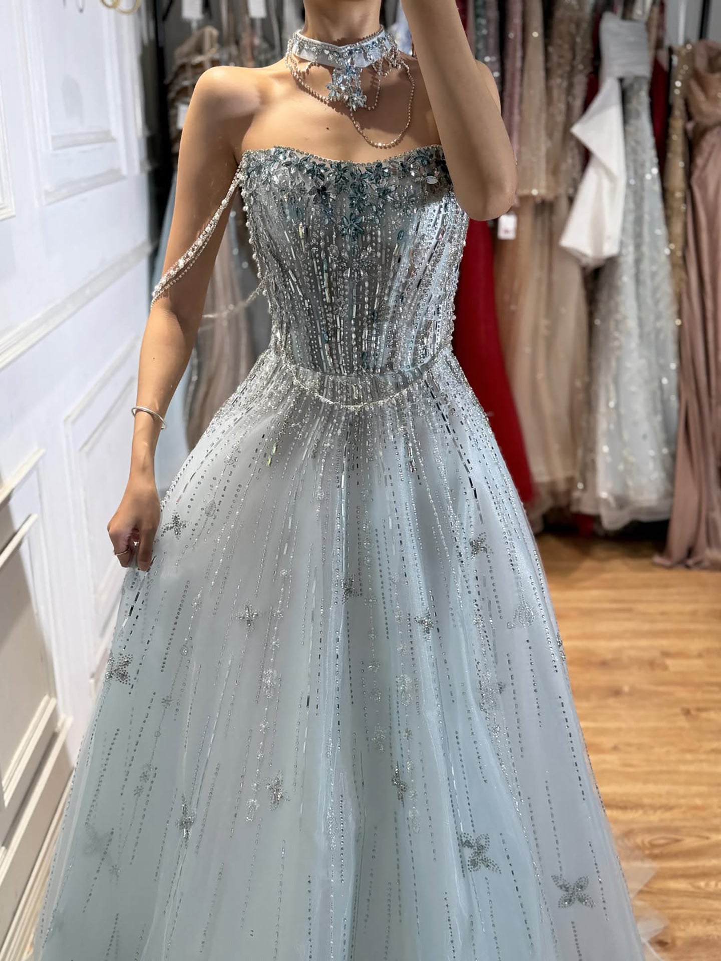 Luxury Lilac Beaded Off Shoulder A Line Evening Dress LA73465