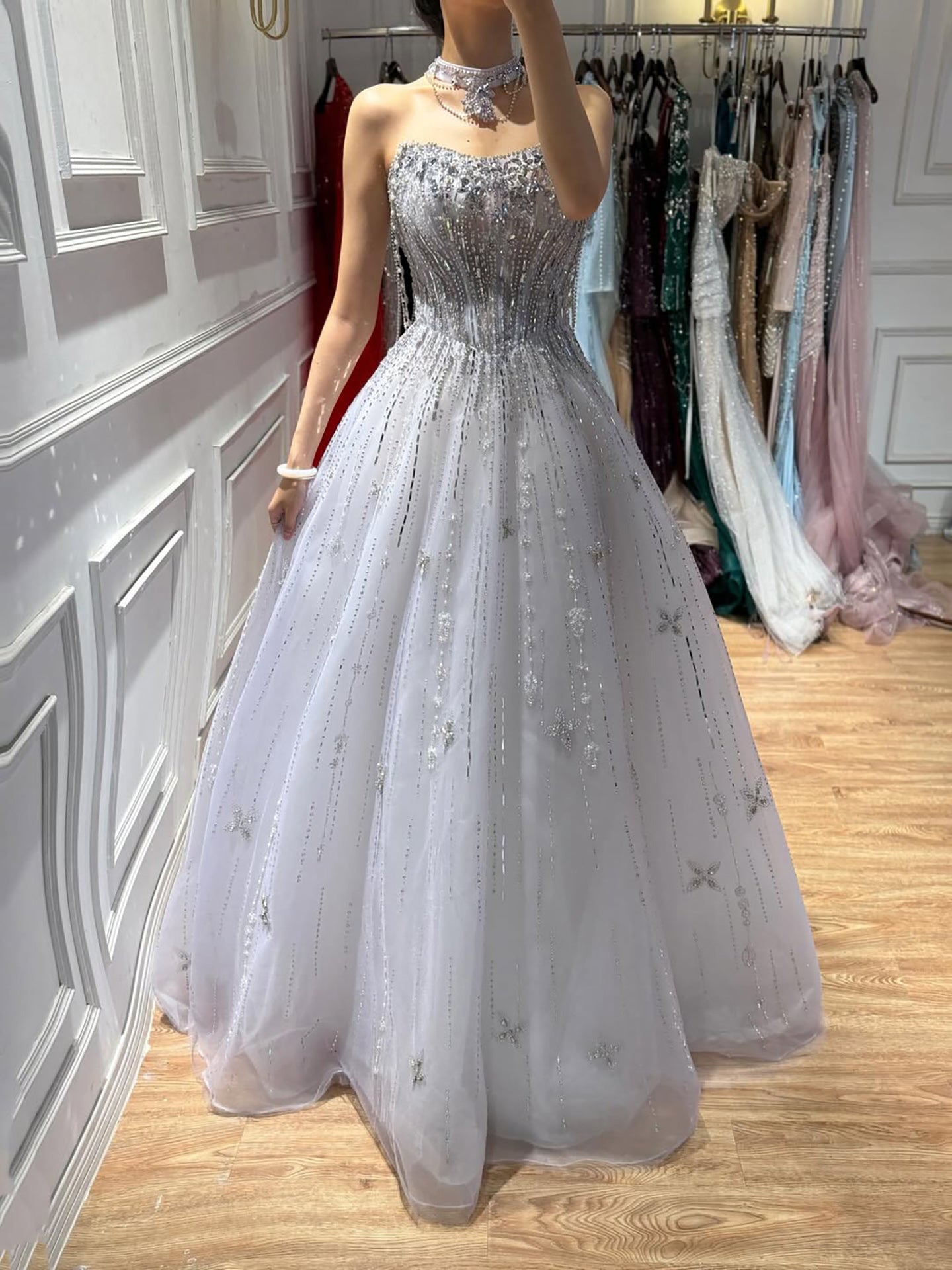 Luxury Lilac Beaded Off Shoulder A Line Evening Dress LA73465