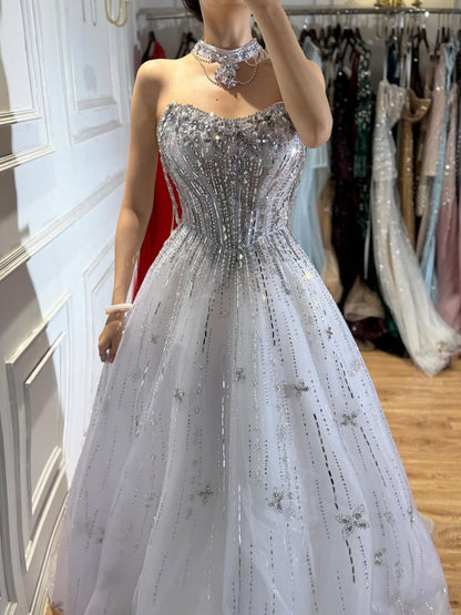 Luxury Lilac Beaded Off Shoulder A Line Evening Dress LA73465