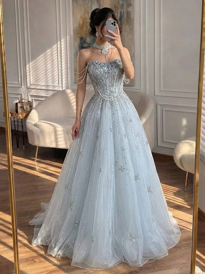 Luxury Lilac Beaded Off Shoulder A Line Evening Dress LA73465