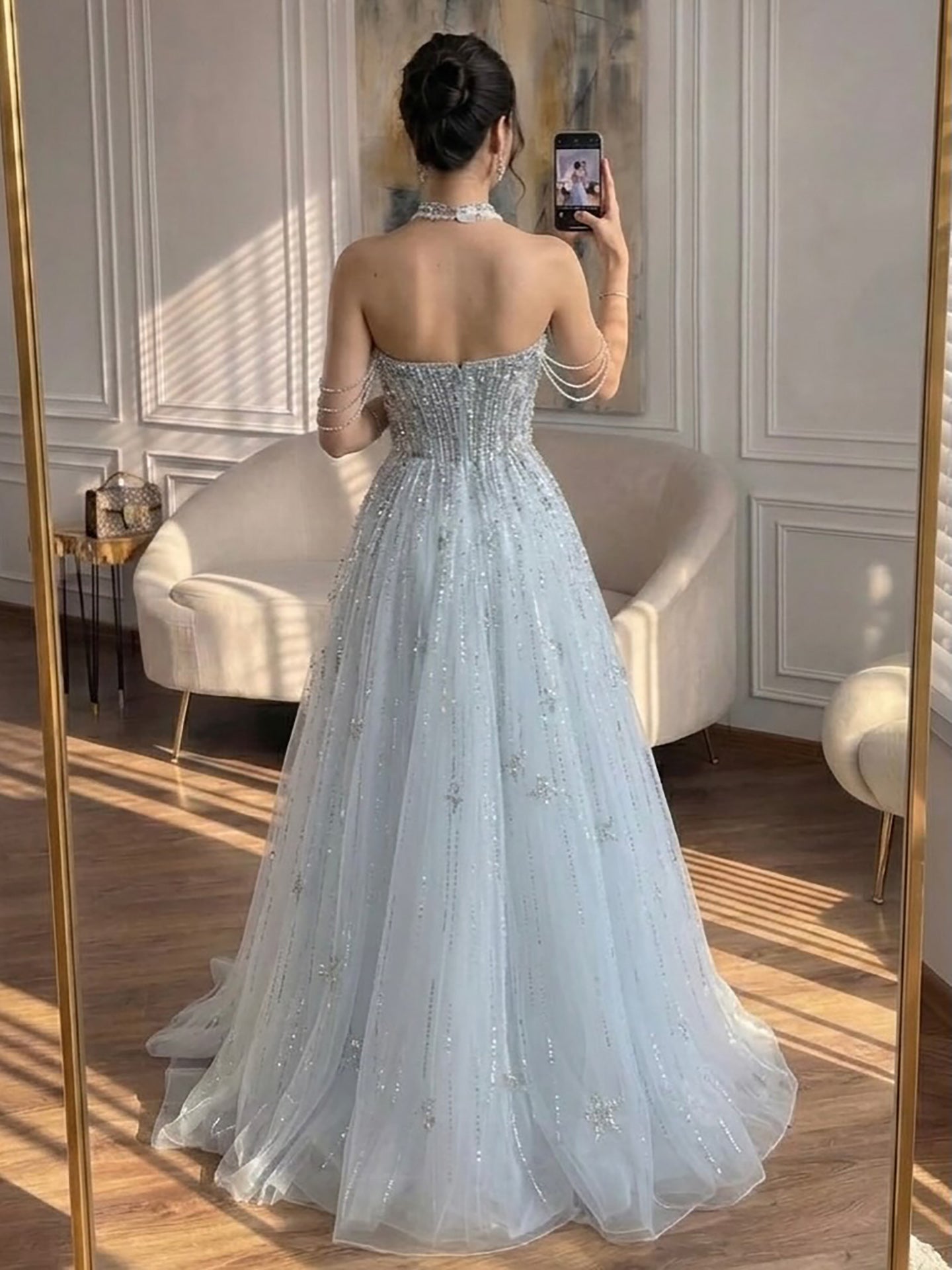 Luxury Lilac Beaded Off Shoulder A Line Evening Dress LA73465