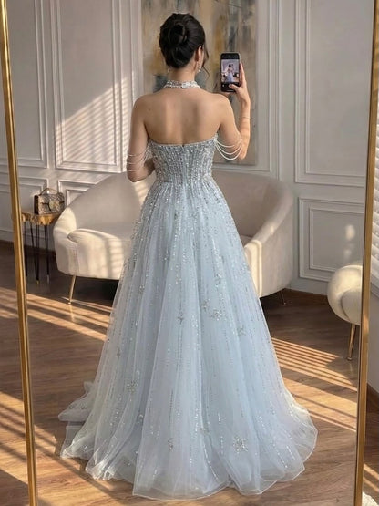 Luxury Lilac Beaded Off Shoulder A Line Evening Dress LA73465