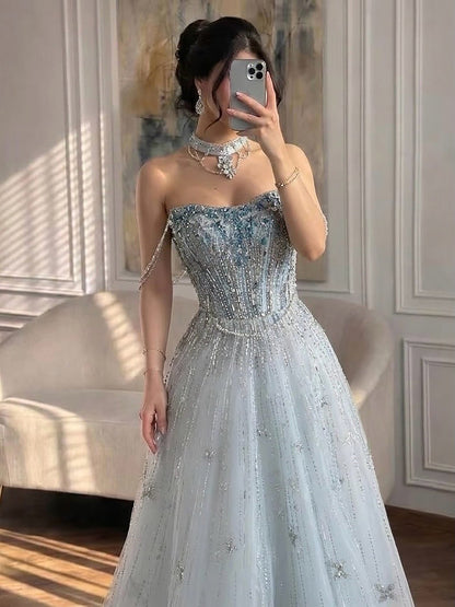 Luxury Lilac Beaded Off Shoulder A Line Evening Dress LA73465