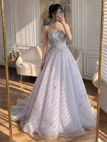 Luxury Lilac Beaded Off Shoulder A Line Evening Dress LA73465
