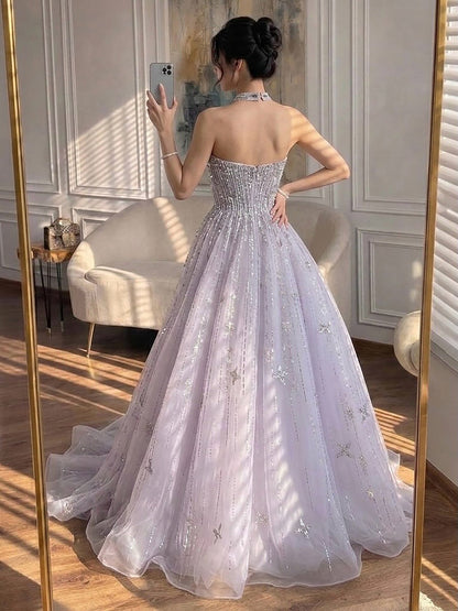 Luxury Lilac Beaded Off Shoulder A Line Evening Dress LA73465
