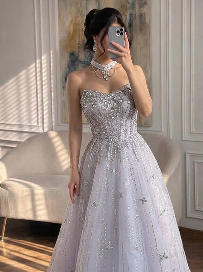 Luxury Lilac Beaded Off Shoulder A Line Evening Dress LA73465