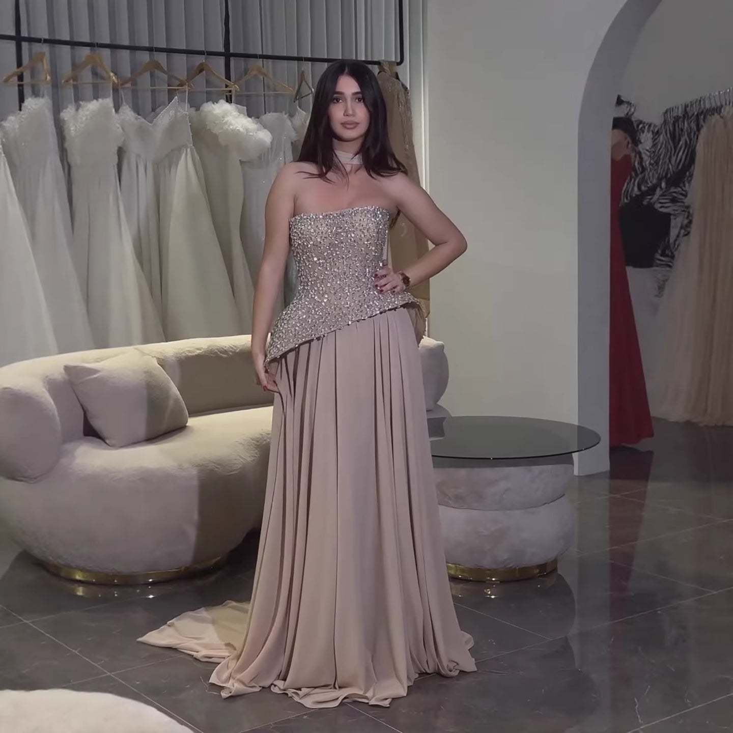Luxury Designer Nude Beaded Chiffon Evening Dress With Scarf LA73469