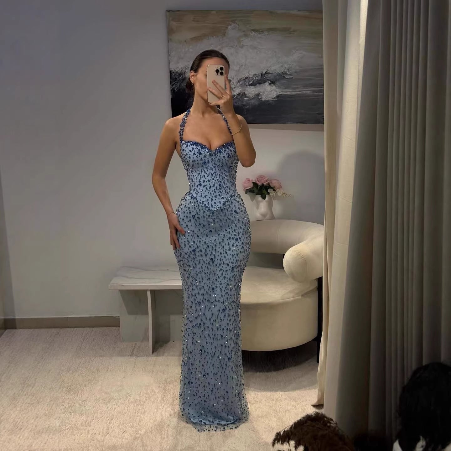 Luxury Blue Diamond Halter Evening Dress With Cape LA73471