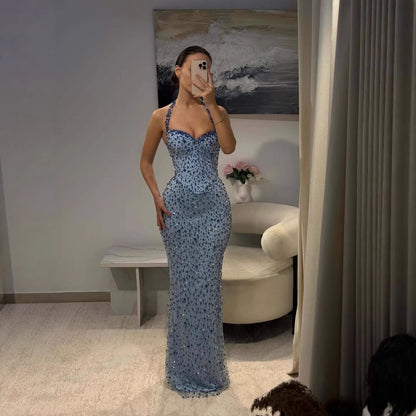 Luxury Blue Diamond Halter Evening Dress With Cape LA73471