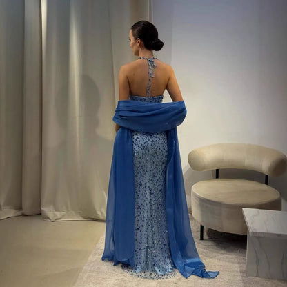 Luxury Blue Diamond Halter Evening Dress With Cape LA73471