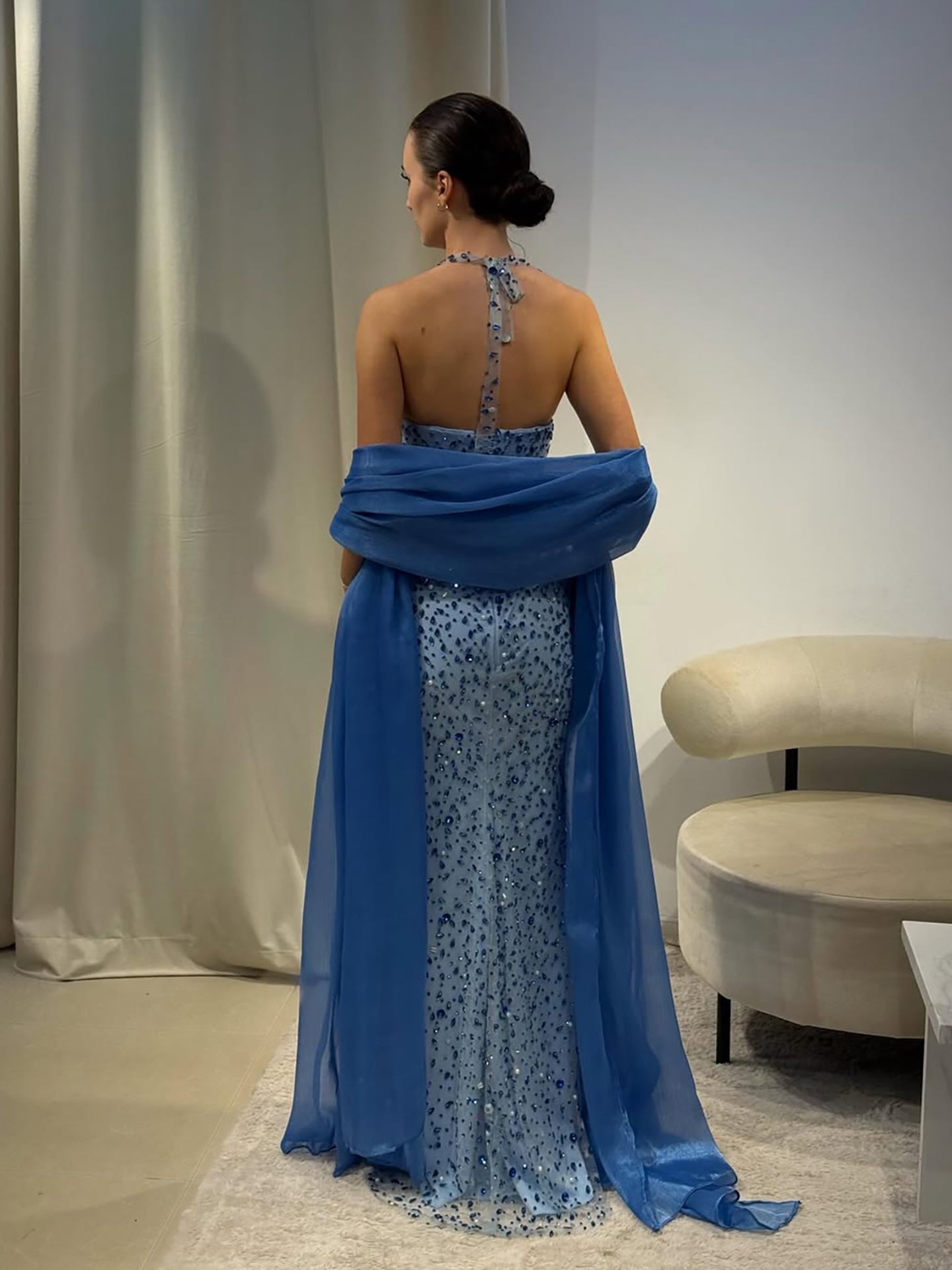 Luxury Blue Diamond Halter Evening Dress With Cape LA73471