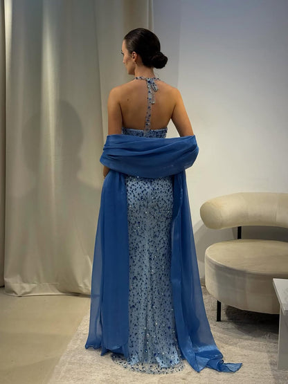 Luxury Blue Diamond Halter Evening Dress With Cape LA73471