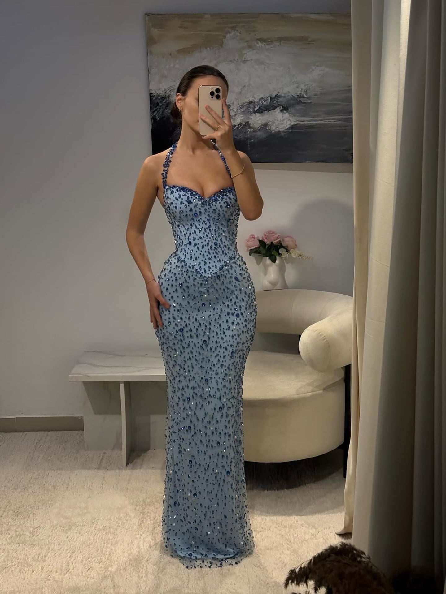 Luxury Blue Diamond Halter Evening Dress With Cape LA73471