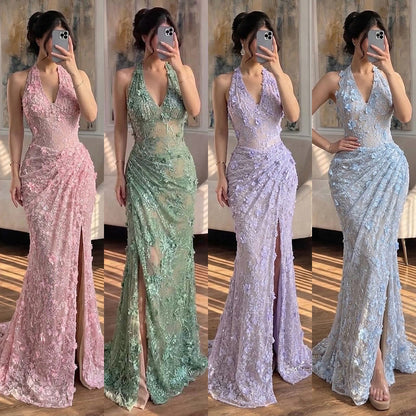 Luxury Sage Green 3D Flower Halter Evening Dress With Slit LA73472