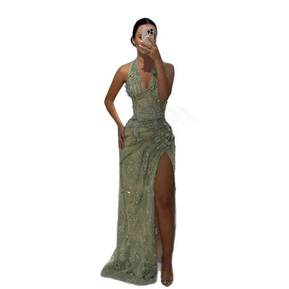Luxury Sage Green 3D Flower Halter Evening Dress With Slit LA73472
