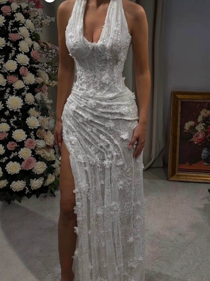 Luxury Sage Green 3D Flower Halter Evening Dress With Slit LA73472