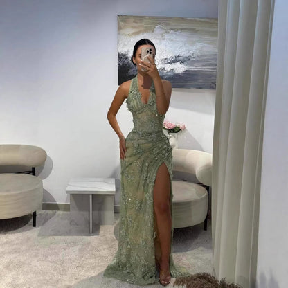 Luxury Sage Green 3D Flower Halter Evening Dress With Slit LA73472