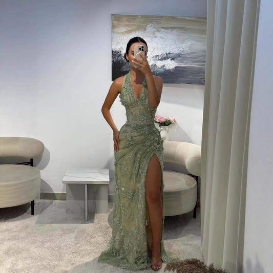 Luxury Sage Green 3D Flower Halter Evening Dress With Slit LA73472