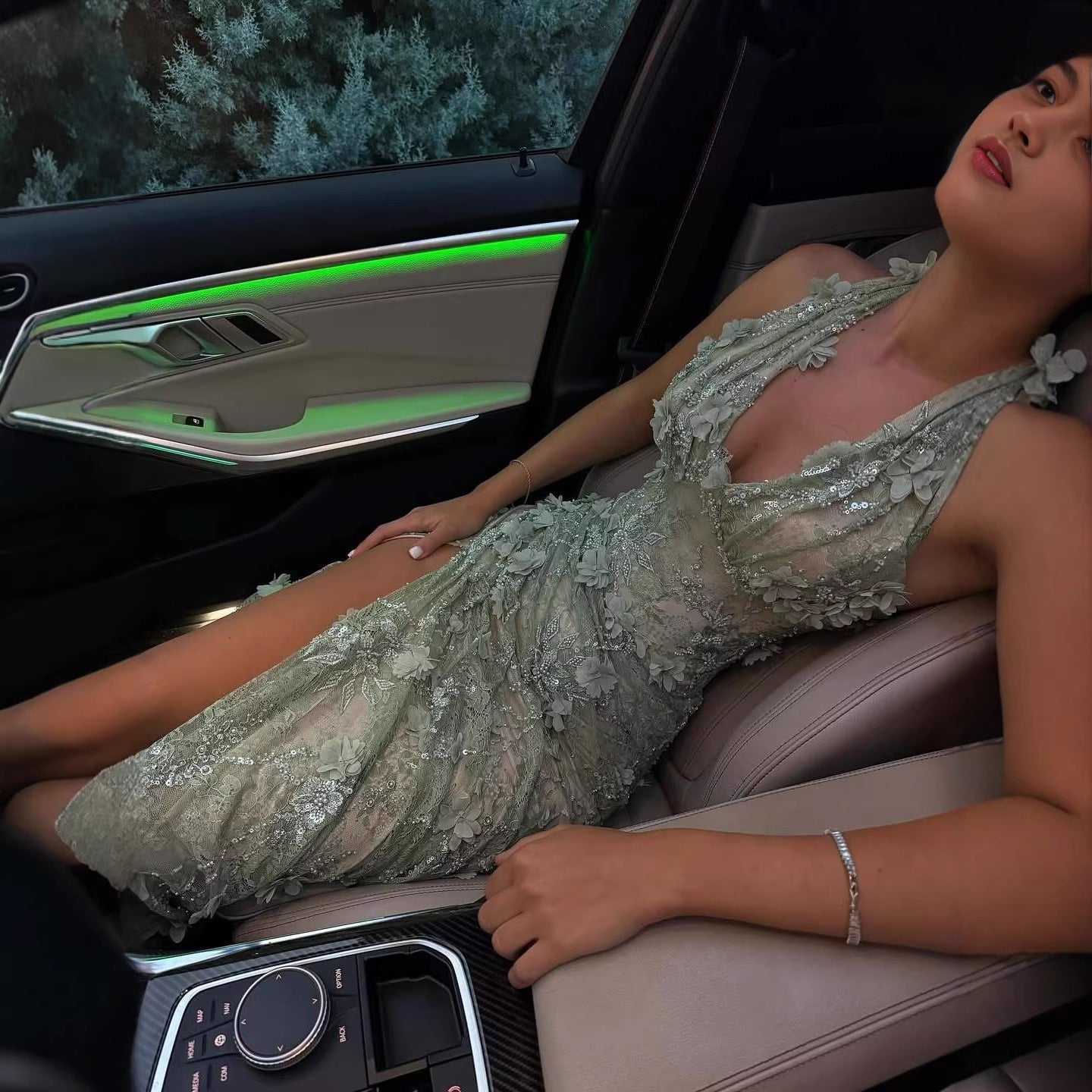 Luxury Sage Green 3D Flower Halter Evening Dress With Slit LA73472