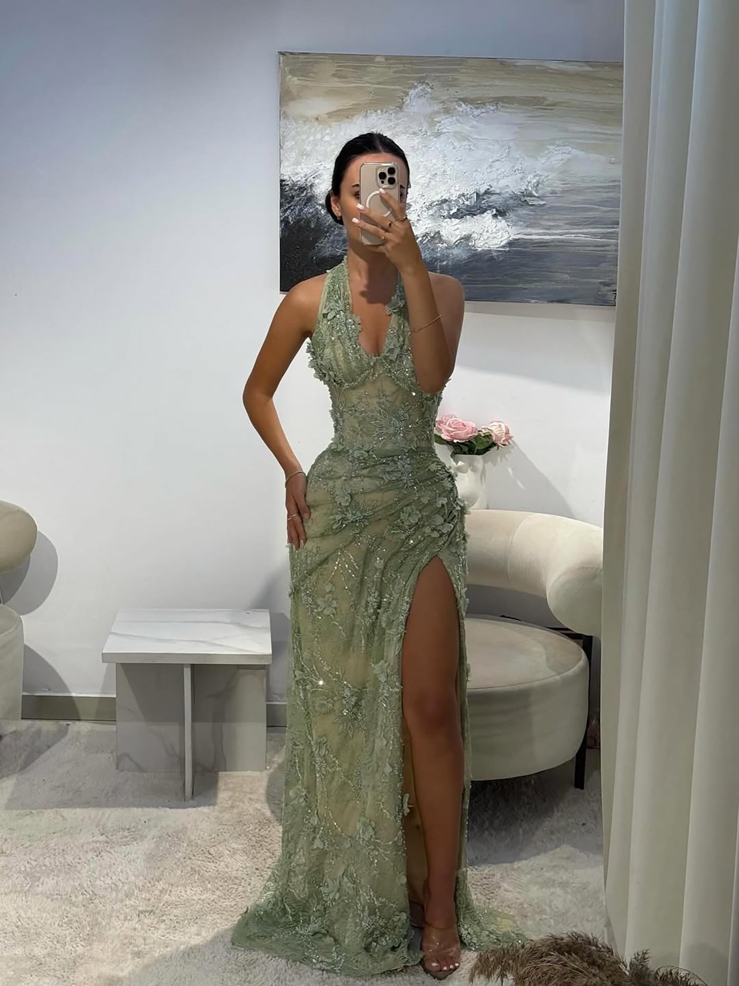Luxury Sage Green 3D Flower Halter Evening Dress With Slit LA73472