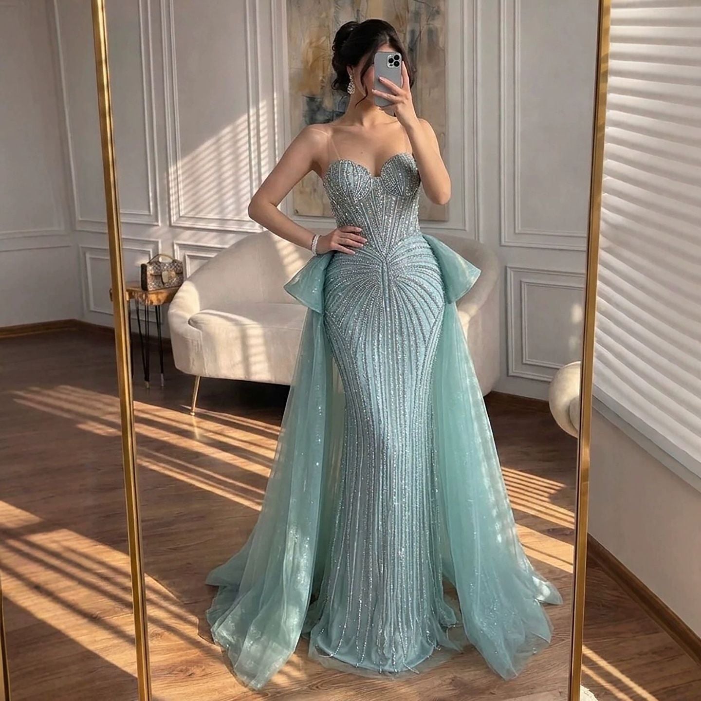 Luxury Nude Saudi Crystal Beaded Mermaid Evening Dress With Overskirt LA73474